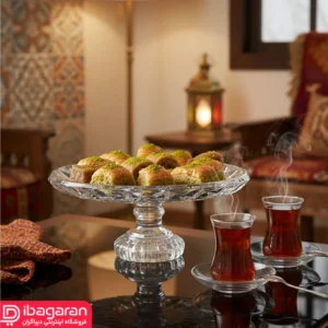 ظرف شیرینی خوری پایه دار شفاف برای میز پذیرایی
