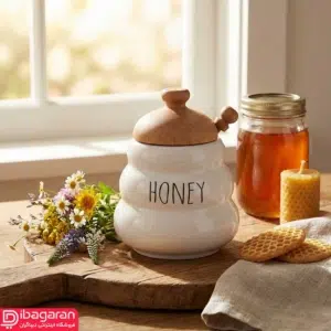 ظرف عسل سرامیکی سفید با نوشته HONEY