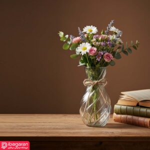 گلدان شیشه‌ای کهربا با طراحی منحصر به فرد و بند کنفی