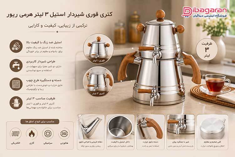 مزایای کتری قوری شیردار استیل 3 لیتر هرمی ریور