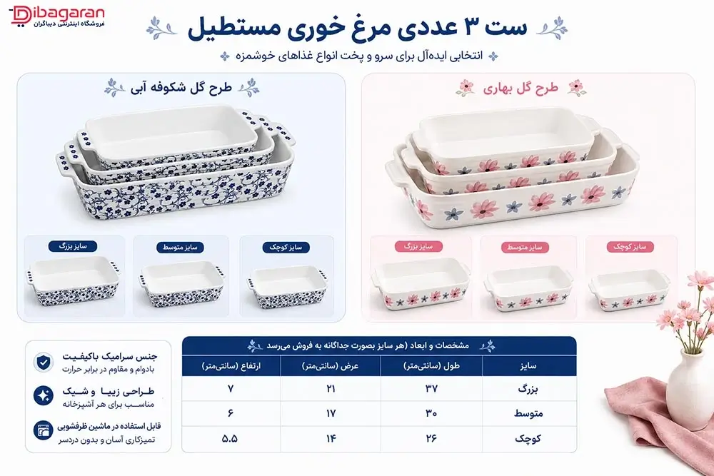 مزایای ست 3 عددی مرغ خوری مستطیل طرح گل شکوفه آبی و گل بهاری
