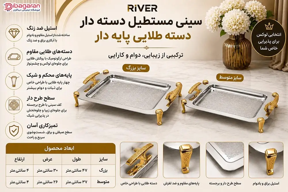 مزایای سینی مستطیل دسته طلایی پایه دار ریور