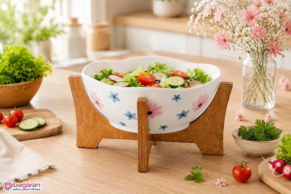 سالاد خوری آلاله طرح گل بوته ای با پایه چوبی