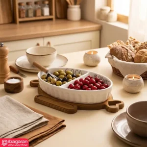 ظرف اردو خوری سرامیکی سفید روی پایه چوبی