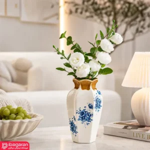 گلدان سفید طرح گل باران با لبه طلایی برای دکوراسیون منزل