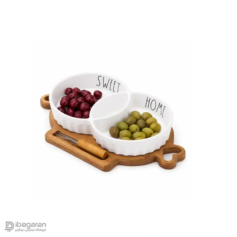 اردوخوری سرامیکی گرد با پایه چوبی برای تنقلات